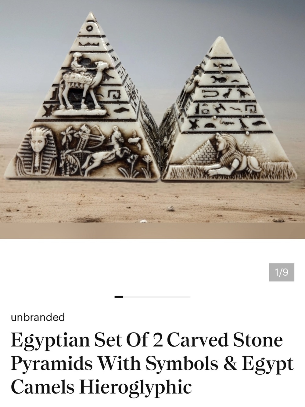 Egyptian Set Of 2 Carved Stone Pyramids With Symbols & Egypt Camels Hieroglyphic